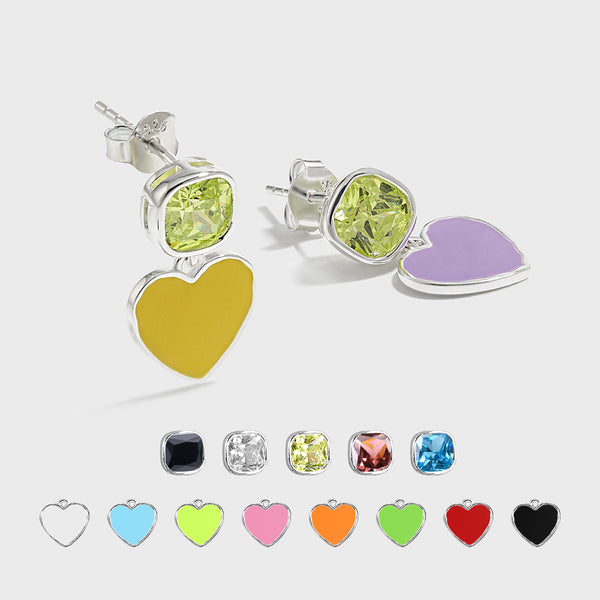 Summer DIY Epoxy Color Colorful Heart CZ 925 Sterling Silver Dangling Earrings