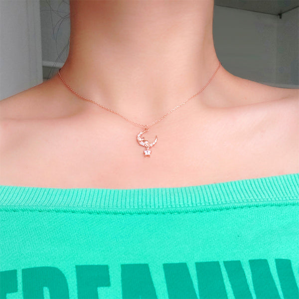 Collier mignon en argent sterling 925 avec croissant de lune et souris CZ