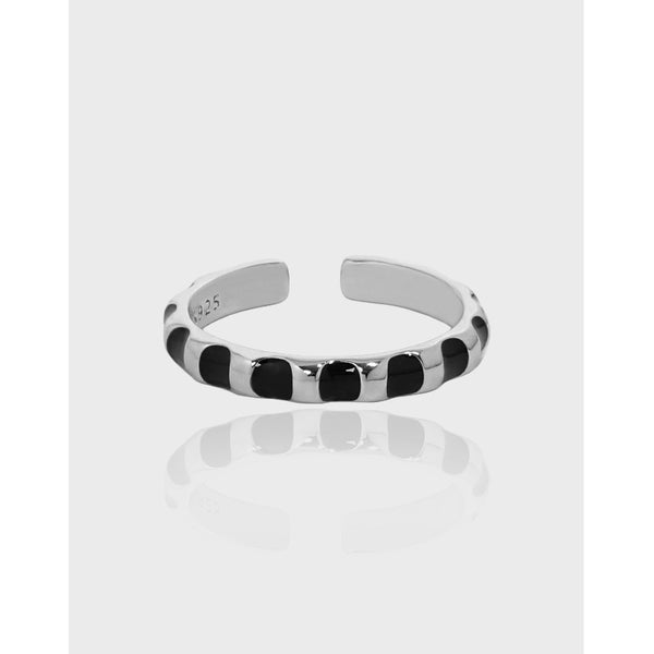 Bague réglable en argent sterling 925 à pois époxy noirs géométriques